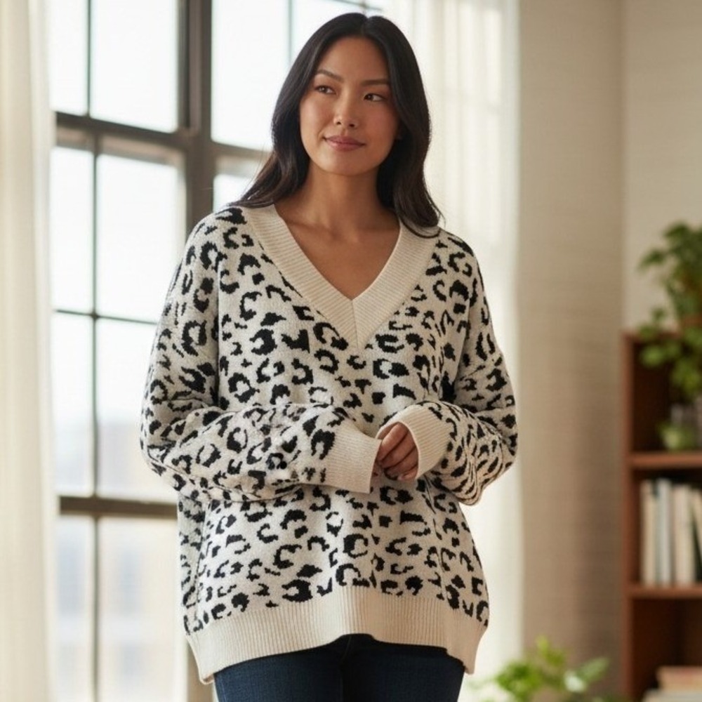 Adora Womens Leopard Print V-Neck Sweater Cream Black Oversized Knit‎ M